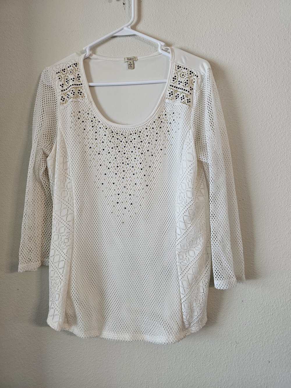 Reba Cream Crochet Scoop-Neck Top with Stud Detailing